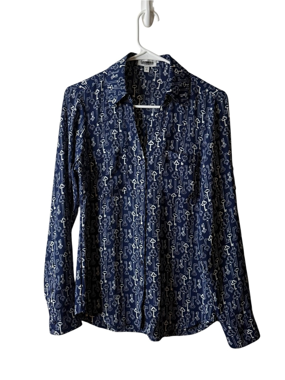 Express The Portofino Shirt Blue Key Graphic Button Blouse Novelty